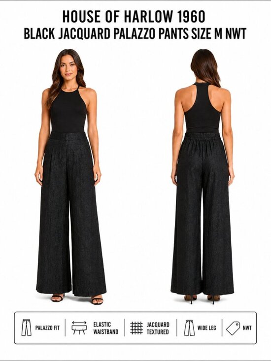 House of Harlow 1960 Pants - HOUSE OF HARLOW 1960 BLACK JACQUARD PALAZZO PANTS SIZE M NWT